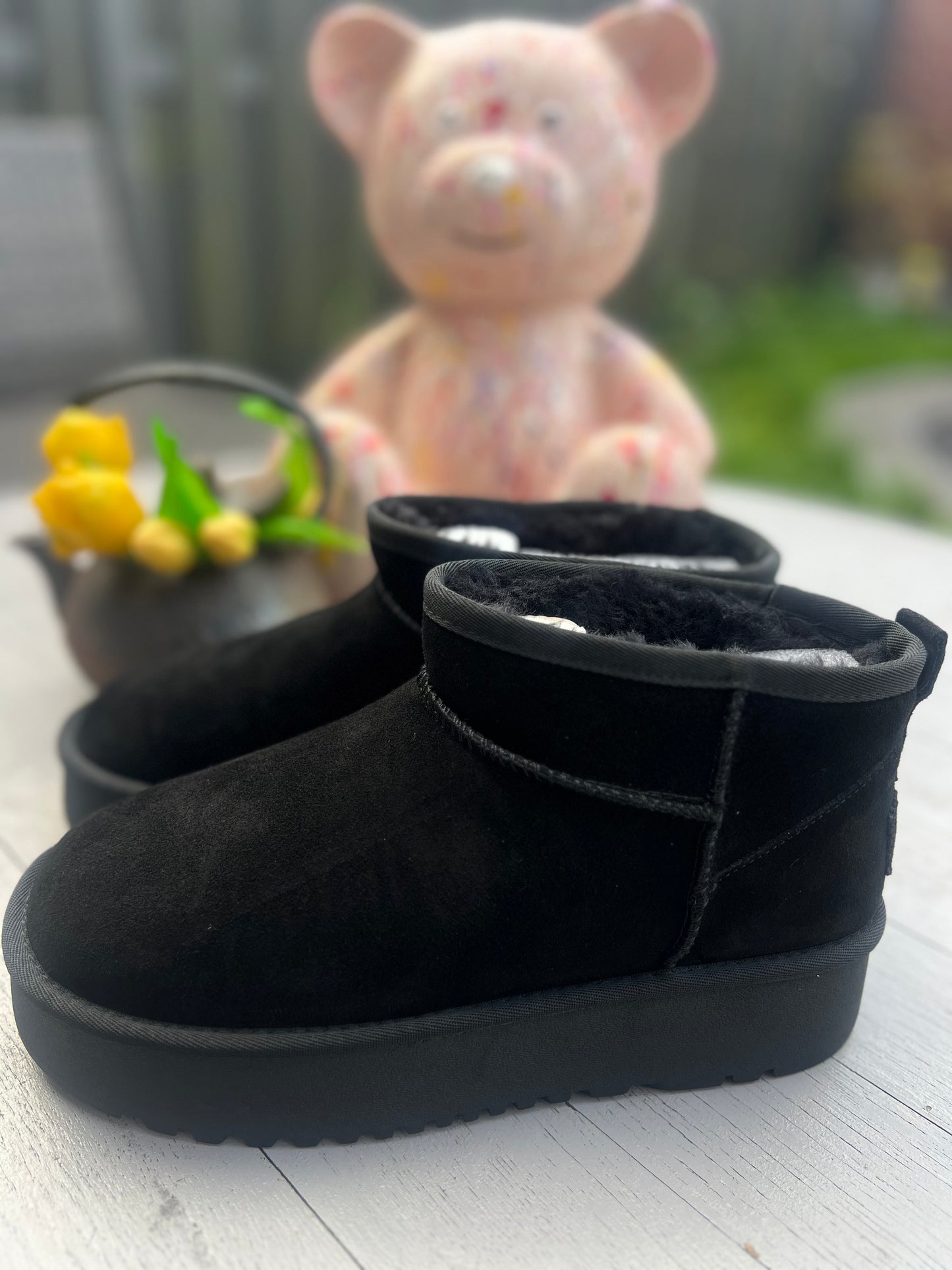 real leather plateau mini boots black
