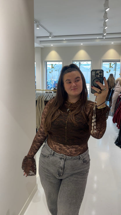 lace top peplin mouwen bruin