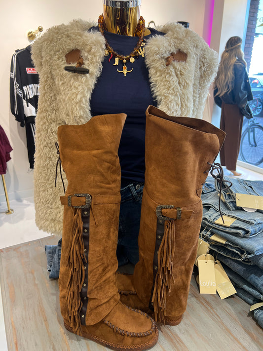 Suède franje laars Camel