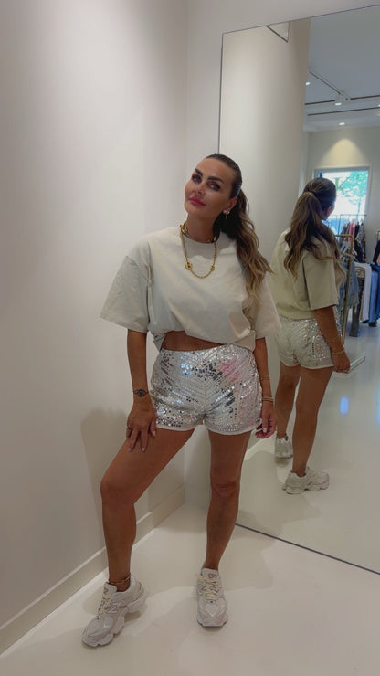 Pailleten short beige/zilver